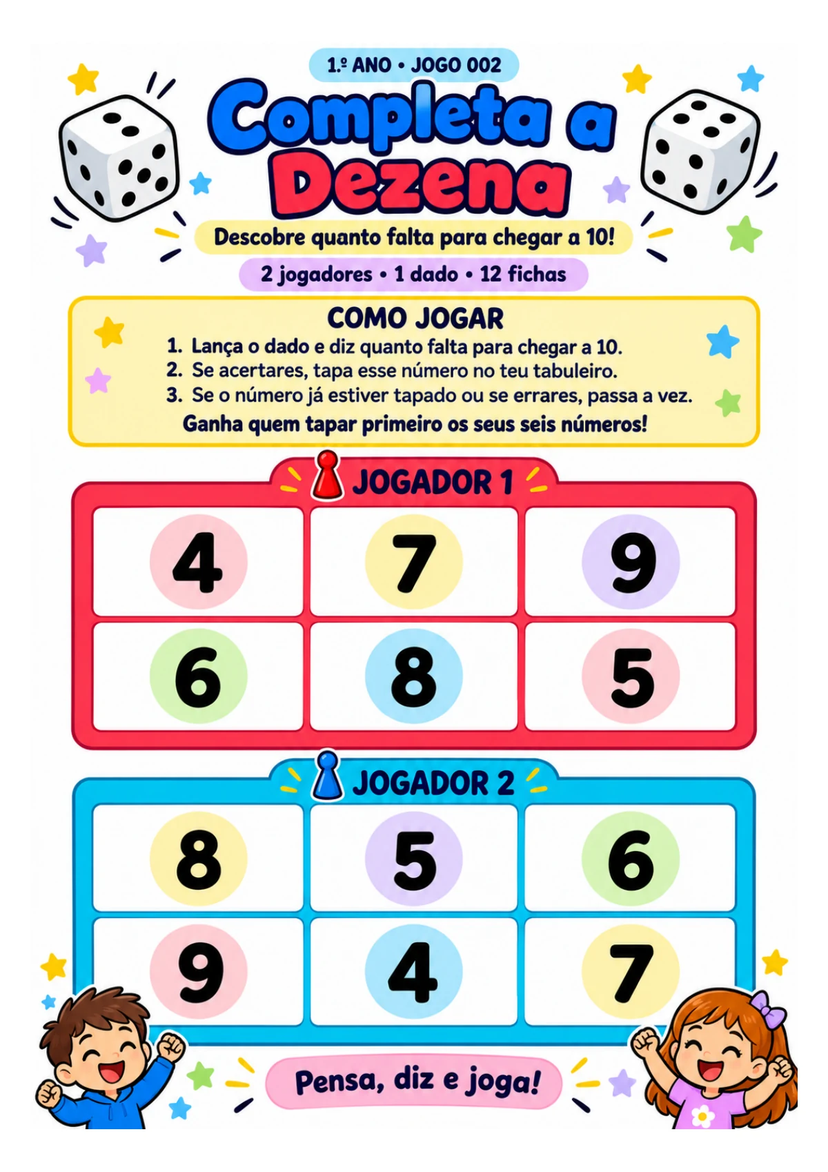 Completa a Dezena, 1.º ano: folha real do jogo