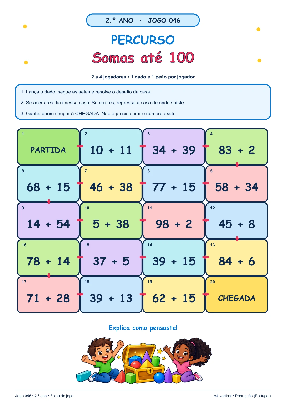 Percurso: Somas até 100, 2.º ano: folha real do jogo
