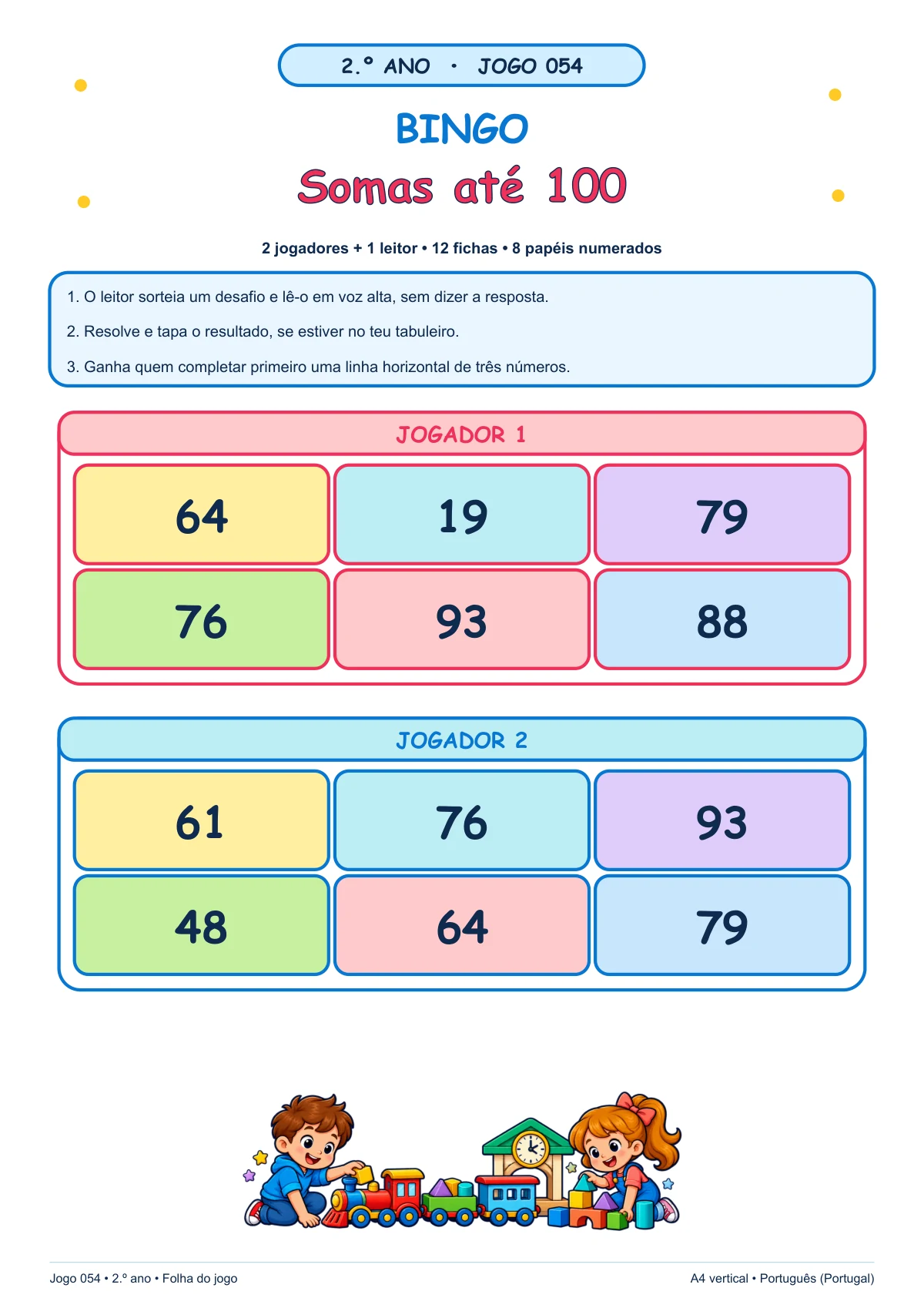 Bingo: Somas até 100, 2.º ano: folha real do jogo