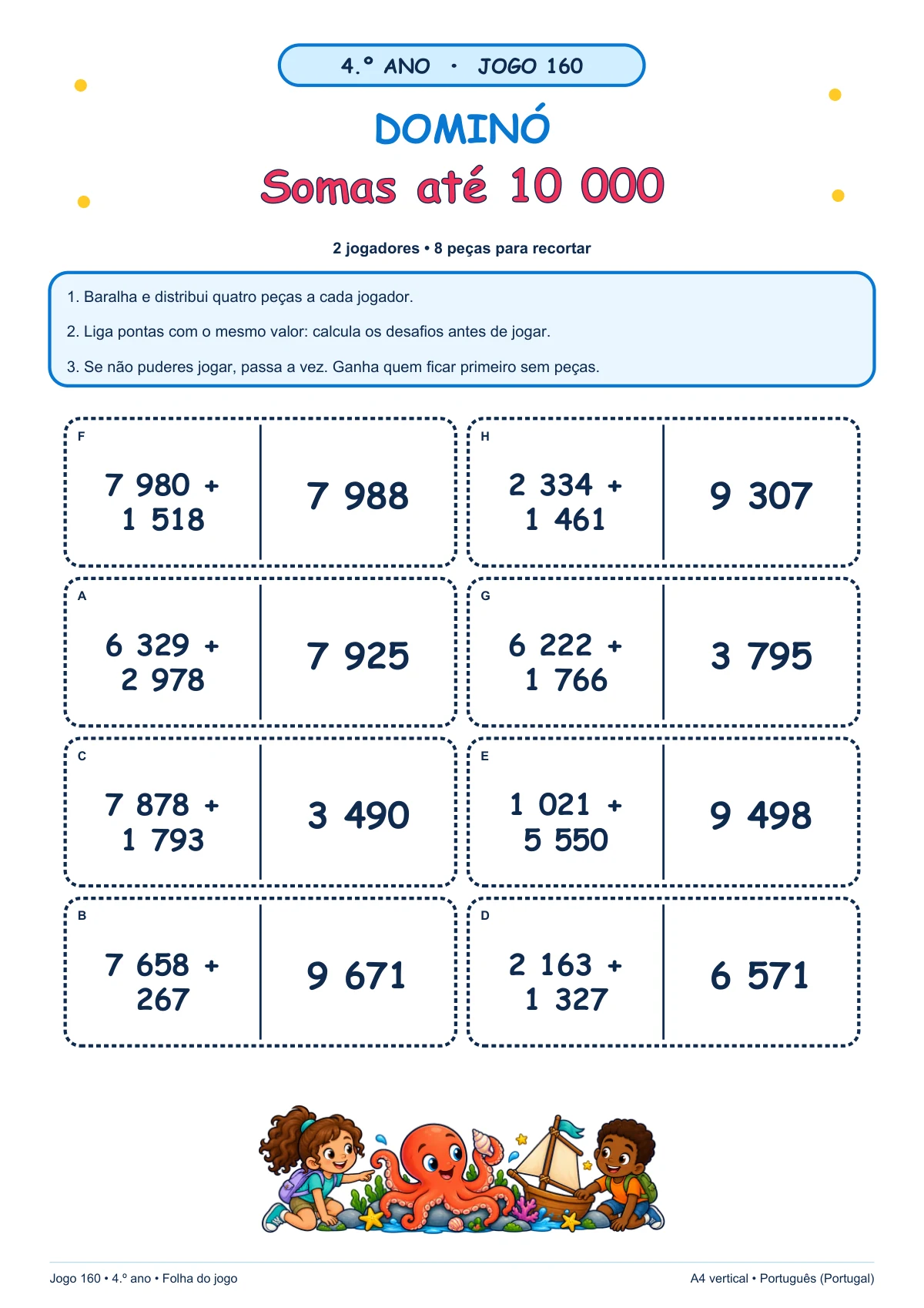 Dominó: Somas até 10 000, 4.º ano: folha real do jogo